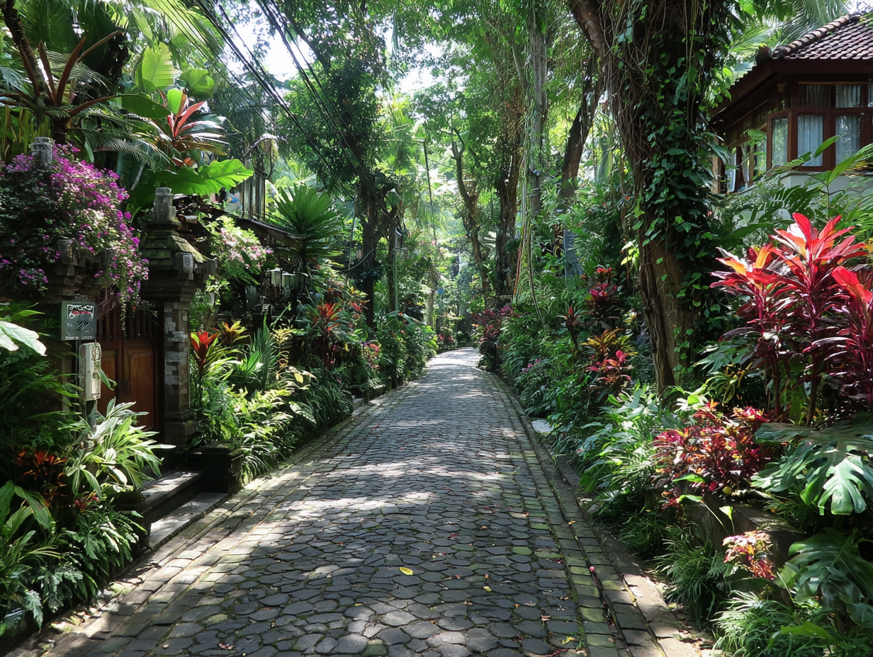A sun-dappled cobblestone lane lined with tropical foliage