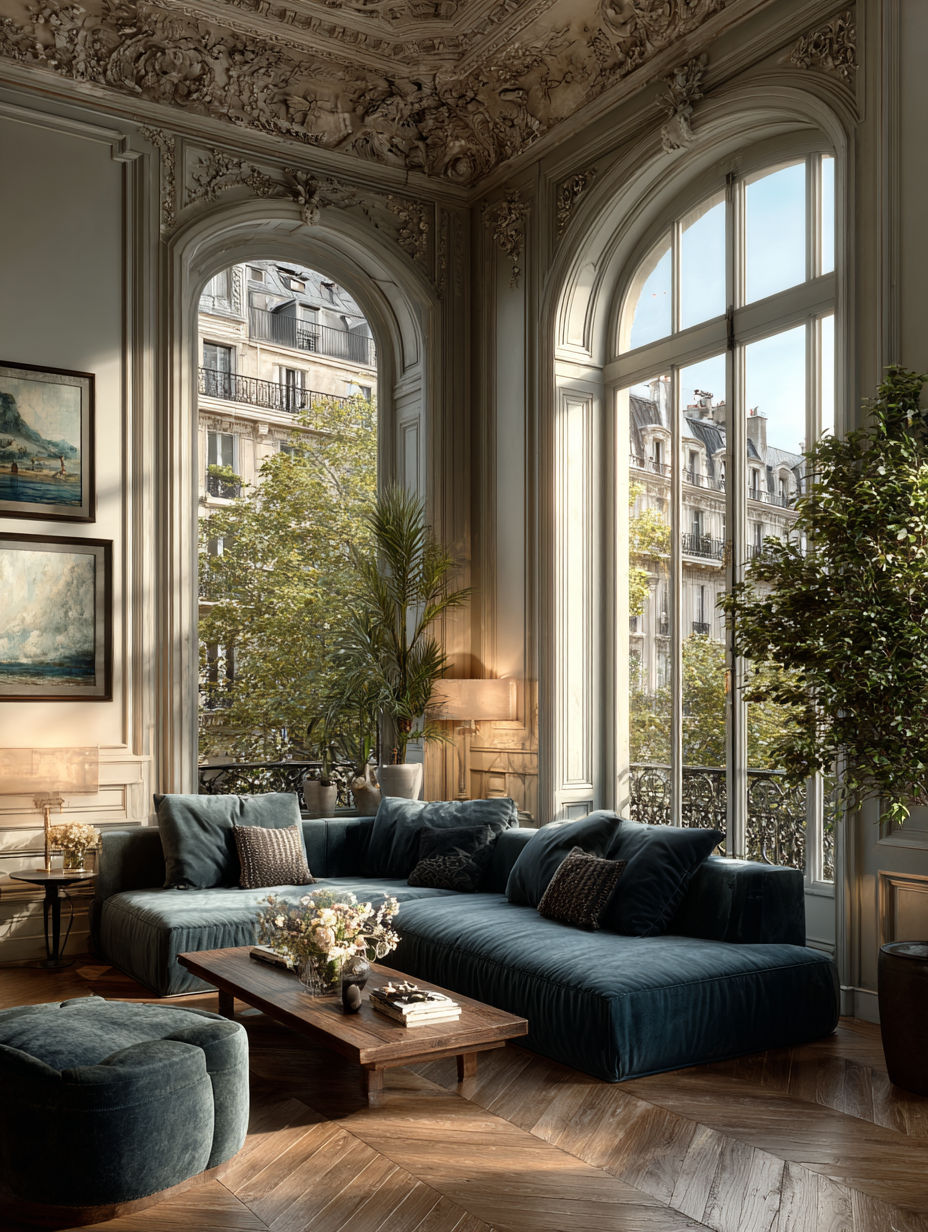 A Paris-style designer apartment with a teal velvet sofa and arched windows