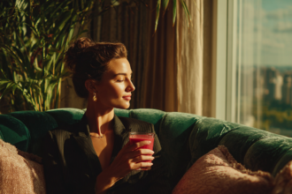 Woman in a pinstripe blazer relaxing on an emerald velvet sofa with a red smoothie in golden light