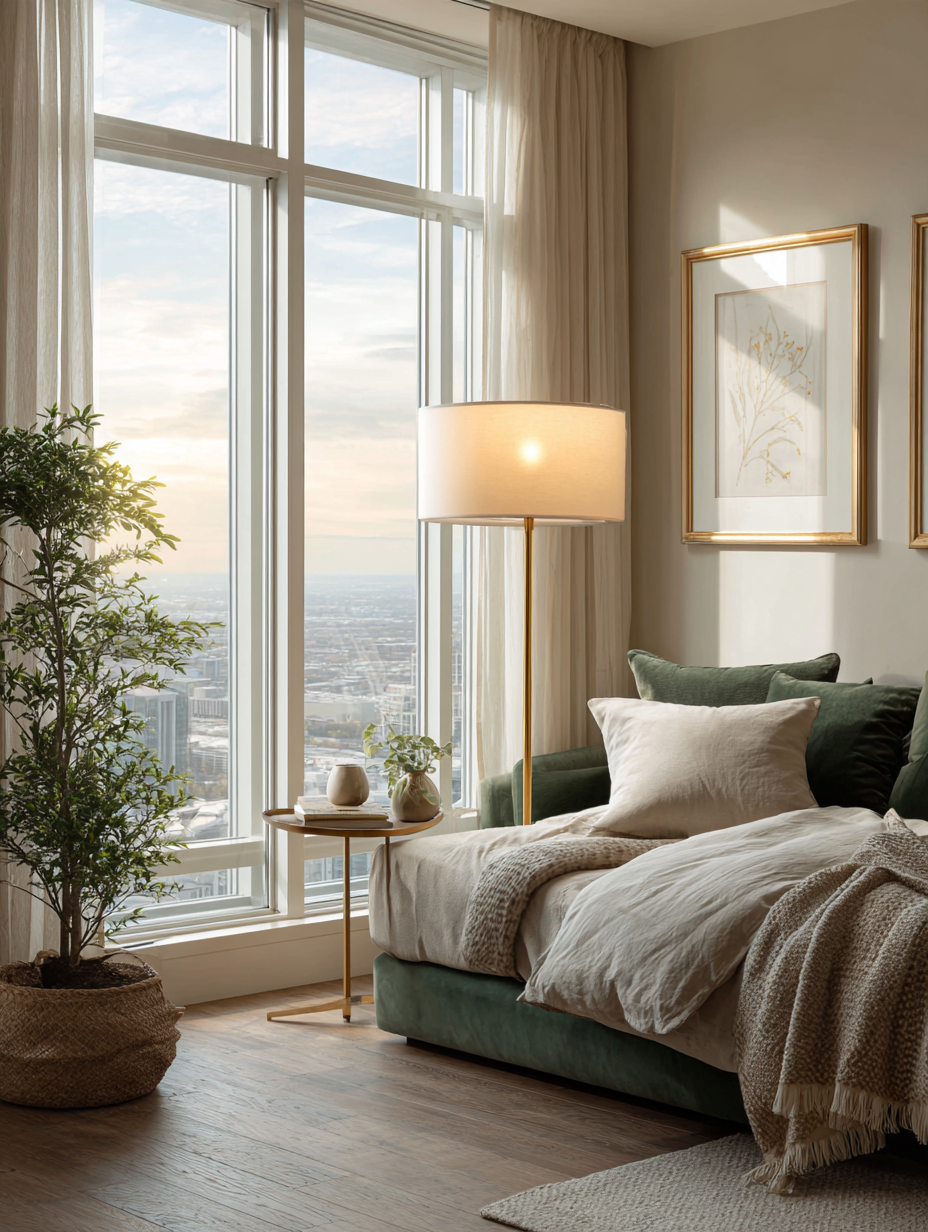 Gold floor lamp and emerald velvet sofa in a sunlit living room