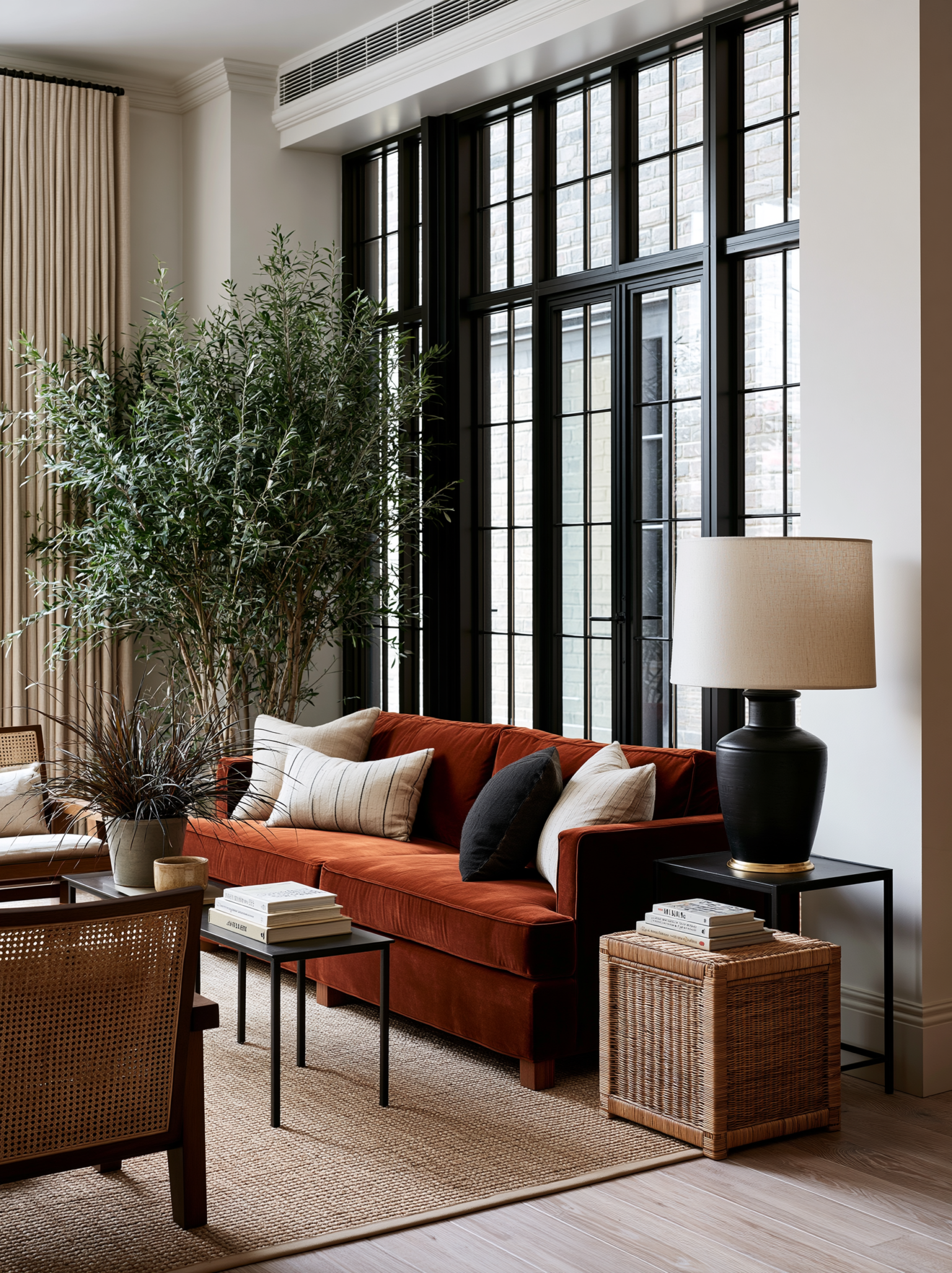 Bold jewel-tone living room with teal and blue velvet sofas
