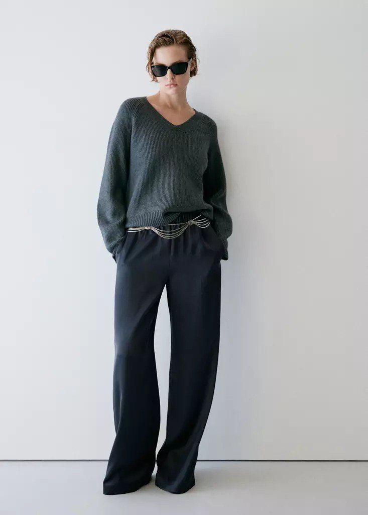 Mango Satin Straight-Fit Trousers in Navy