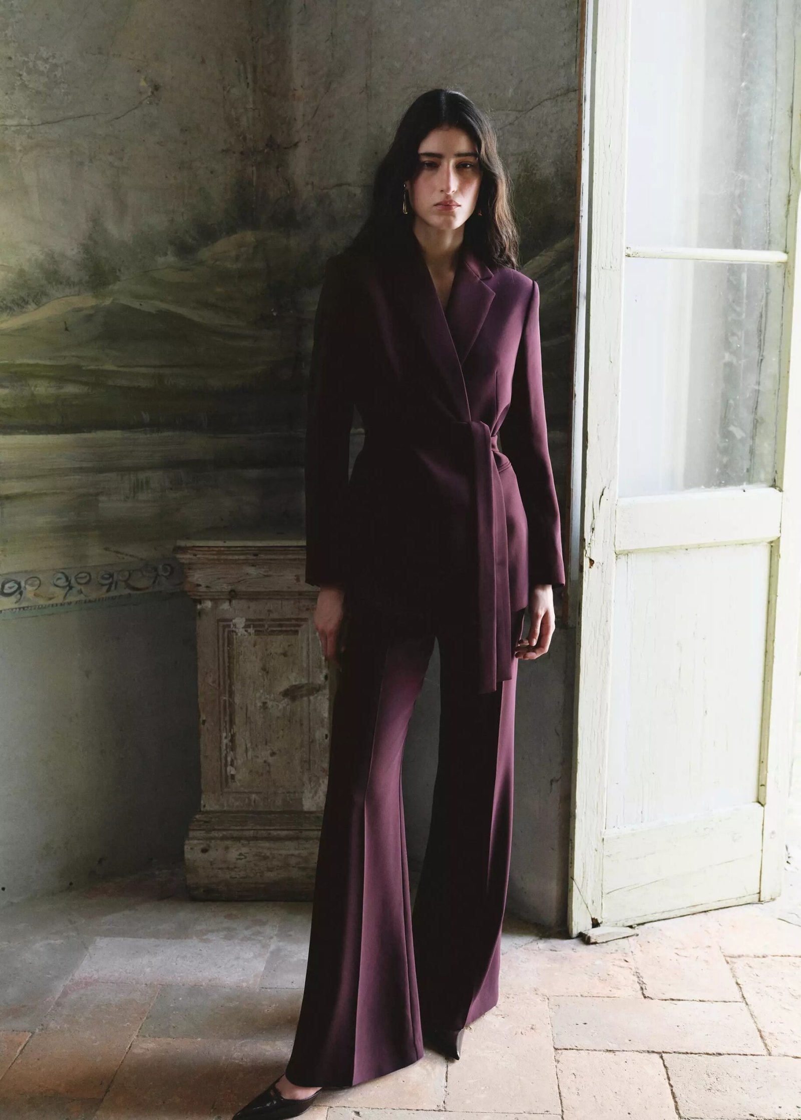 Mango double-breasted belted blazer, dark plum